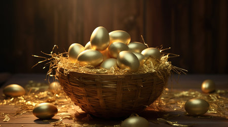 Golden eggs in bird's nest on dark background.の素材