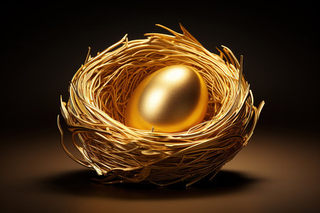 Golden egg in bird's nest on dark background.の素材
