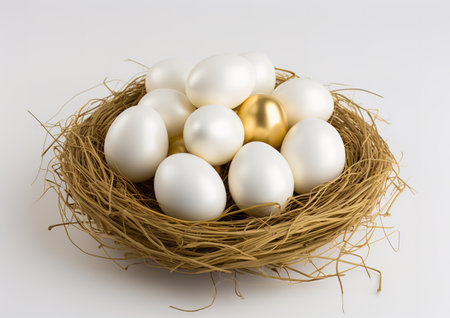 Golden eggs and white eggs in bird's nest on white background.の素材