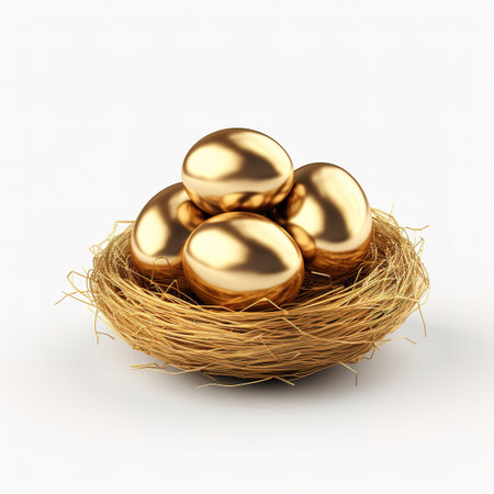Golden eggs in bird's nest on white background.の素材