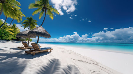 Beautiful tropical beach with coconut palm trees, beach chairs, umbrella and blue skyの素材