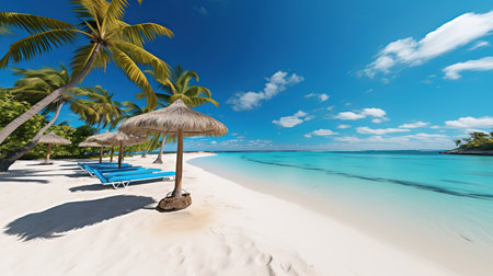 Beautiful tropical beach with coconut palm trees, beach chairs, umbrella and blue skyの素材