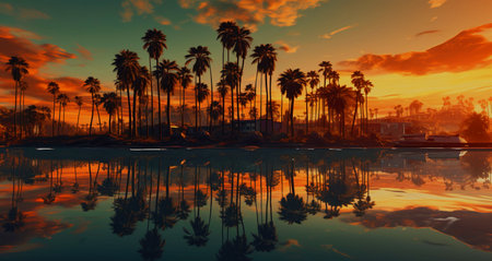 Palm trees reflected in the water at sunset near the beach.の素材