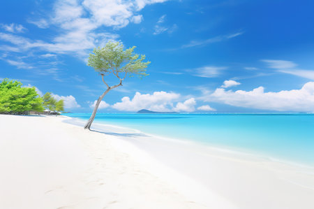 Beautiful beach and tropical sea on blue sky background. Nature composition.の素材