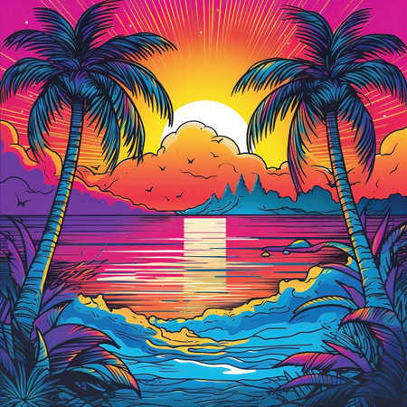Beautiful sunset over the sea. Illustration in retro style.の素材