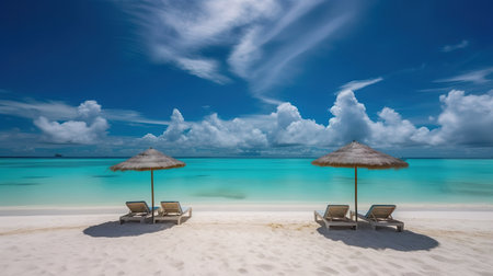 Beautiful tropical beach with coconut palm trees, beach chairs, umbrella and blue skyの素材
