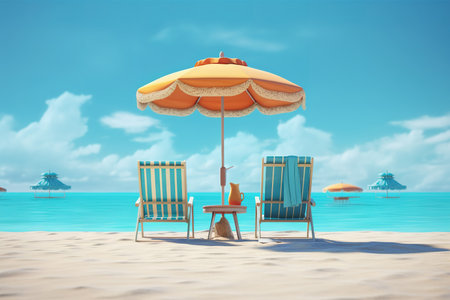Beach chairs and umbrella on the sand. cartoon style.の素材