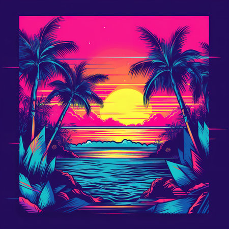 Beautiful sunset over the sea. Illustration in retro style.の素材