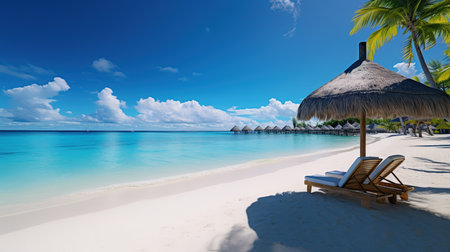 Beautiful tropical beach with coconut palm trees, beach chairs, umbrella and blue skyの素材