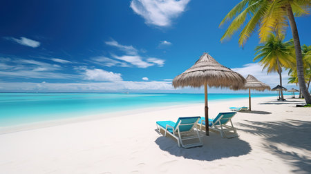 Beautiful tropical beach with coconut palm trees, beach chairs, umbrella and blue skyの素材