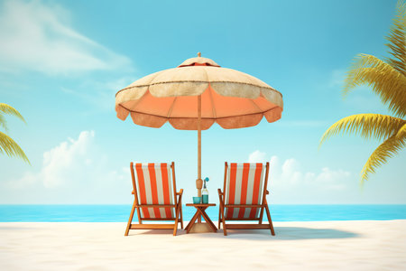 Beach chairs and umbrella on the sand. cartoon style.の素材
