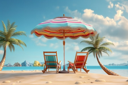 Beach chairs and umbrella on the sand. cartoon style.の素材