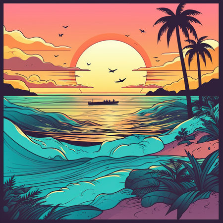 Beautiful sunset over the sea. Illustration in retro style.の素材