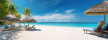 Beautiful tropical beach with coconut palm trees, beach chairs, umbrella and blue skyの素材