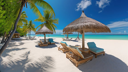 Beautiful tropical beach with coconut palm trees, beach chairs, umbrella and blue skyの素材