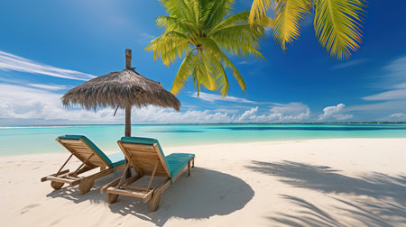Beautiful tropical beach with coconut palm trees, beach chairs, umbrella and blue skyの素材