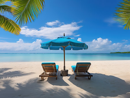 Beautiful tropical beach with coconut palm trees, beach chairs, umbrella and blue skyの素材