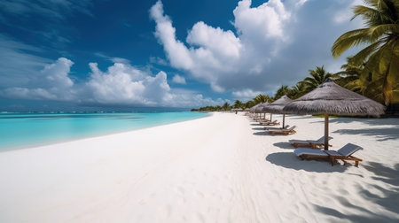 Beautiful tropical beach with coconut palm trees, beach chairs, umbrella and blue skyの素材