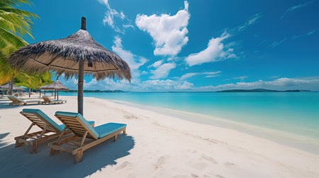 Beautiful tropical beach with coconut palm trees, beach chairs, umbrella and blue skyの素材