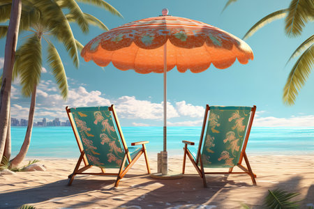 Beach chairs and umbrella on the sand. cartoon style.の素材