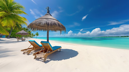 Beautiful tropical beach with coconut palm trees, beach chairs, umbrella and blue skyの素材