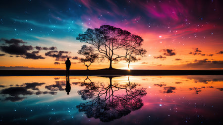 Silhouette of a man and a tree reflected in the waterの素材