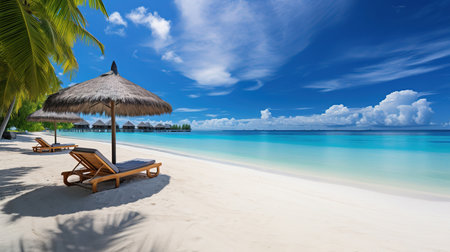Beautiful tropical beach with coconut palm trees, beach chairs, umbrella and blue skyの素材