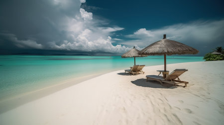 Beautiful tropical beach with coconut palm trees, beach chairs, umbrella and blue skyの素材