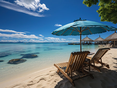 Beautiful tropical beach with coconut palm trees, beach chairs, umbrella and blue skyの素材