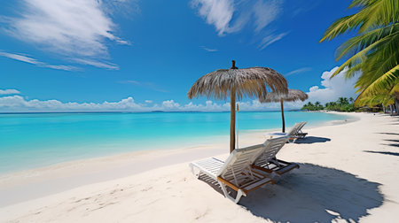Beautiful tropical beach with coconut palm trees, beach chairs, umbrella and blue skyの素材
