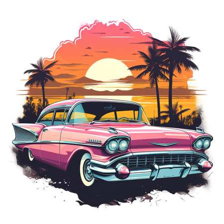 Vintage american car on sunset background. Vector illustration for your designの素材