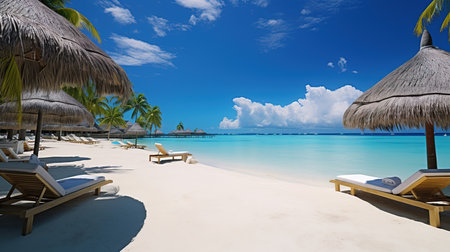 Beautiful tropical beach with coconut palm trees, beach chairs, umbrella and blue skyの素材