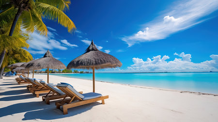 Beautiful tropical beach with coconut palm trees, beach chairs, umbrella and blue skyの素材