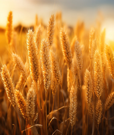 Wheat field at sunset. Ears of golden wheat close-up.の素材