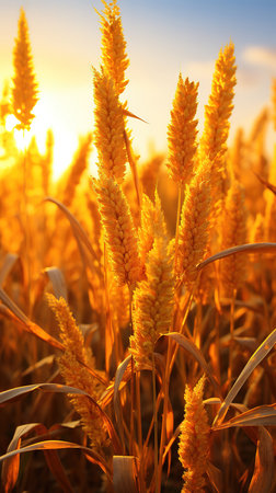 Wheat field at sunset. Ears of golden wheat close-up.の素材