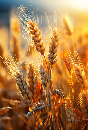 Wheat field. Ears of golden wheat close-up. Rich harvest Concept.の素材