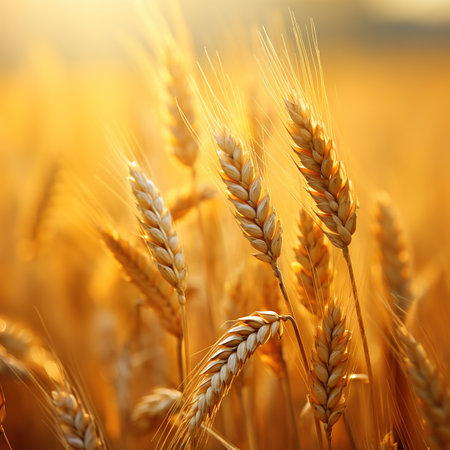 Golden ears of wheat on the field at sunset. Shallow depth of fieldの素材