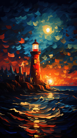 Digital painting of a lighthouse in the sea at sunset. Colorful illustration.の素材