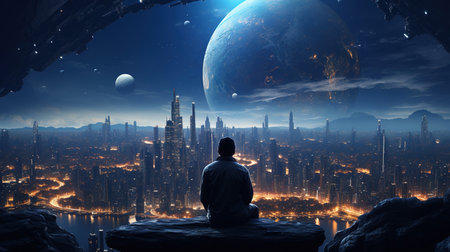 Man meditating on top of planet. Mixed media. Mixed mediaの素材