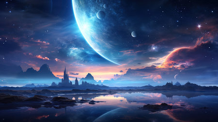 Surreal landscape with ancient temples and moon. 3D rendering.の素材