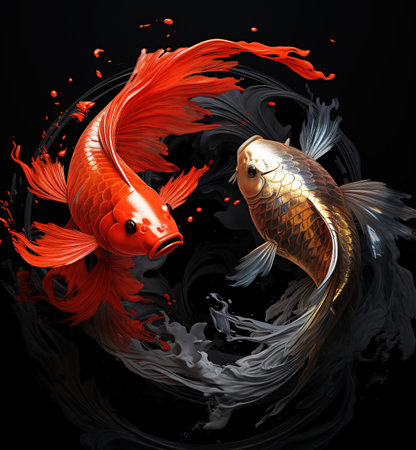 Goldfish in the water on a black background. 3d renderingの素材