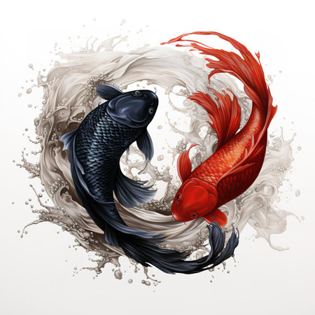 Two koi fish in water splash isolated on white background. Vector illustration.の素材