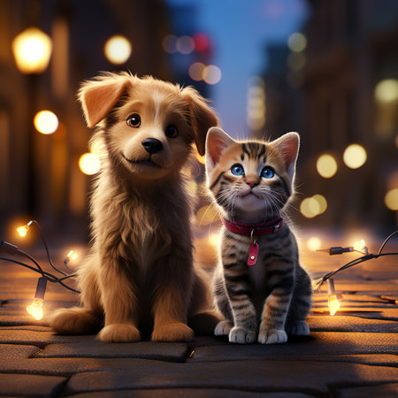 Cute puppy and kitten sitting on the street with Christmas lights.の素材