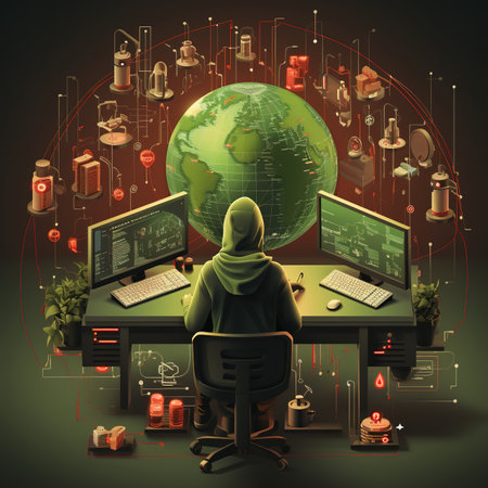 Illustration of a hacker in front of a computer monitor with a map of the worldの素材