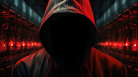 Hooded man wearing a hoodie with binary code on the backgroundの素材