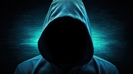 Hooded man wearing a hoodie with binary code on the backgroundの素材