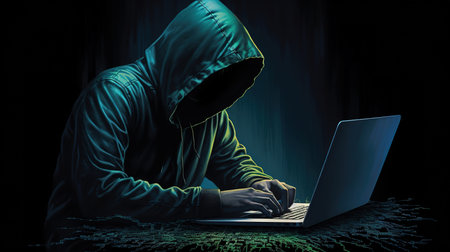 Hooded hacker stealing information from a laptop with a dark backgroundの素材