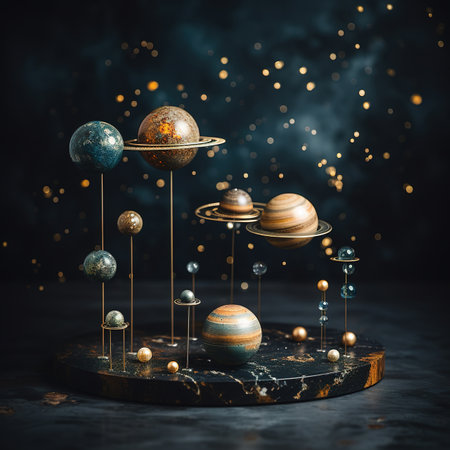 Abstract composition with planets and stars on dark background. 3d renderの素材