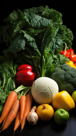 Composition with variety of raw organic vegetables on black wooden table.の素材