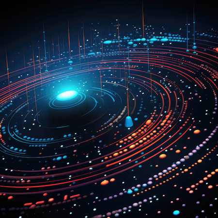 Futuristic technology wave background with glowing lines and bokehの素材
